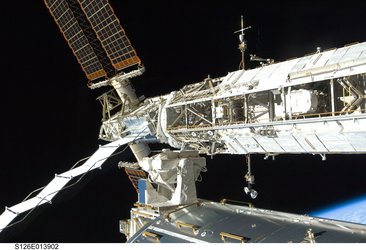 A view of one of the trusses on the International Space Station