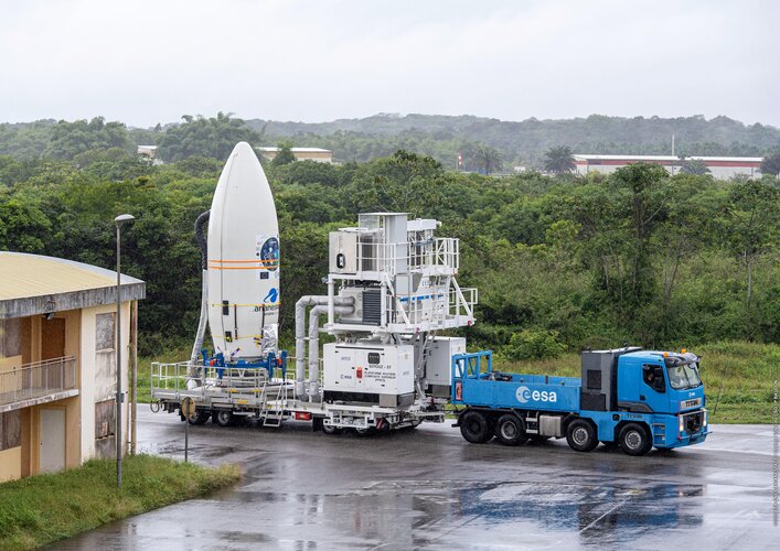 Vega's upper composite containing 53 satellites secured on the SSMS dispenser move to the launch zone for Europe's first rideshare mission.