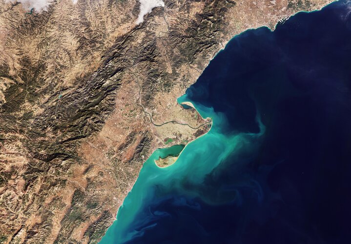 This Copernicus Sentinel-2 image shows the delta of the Ebro River on the northeast coast of Spain.